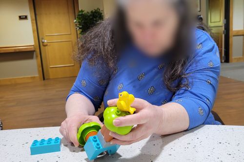 Blurred senior hold large custom DUPLO® pieces in their hands